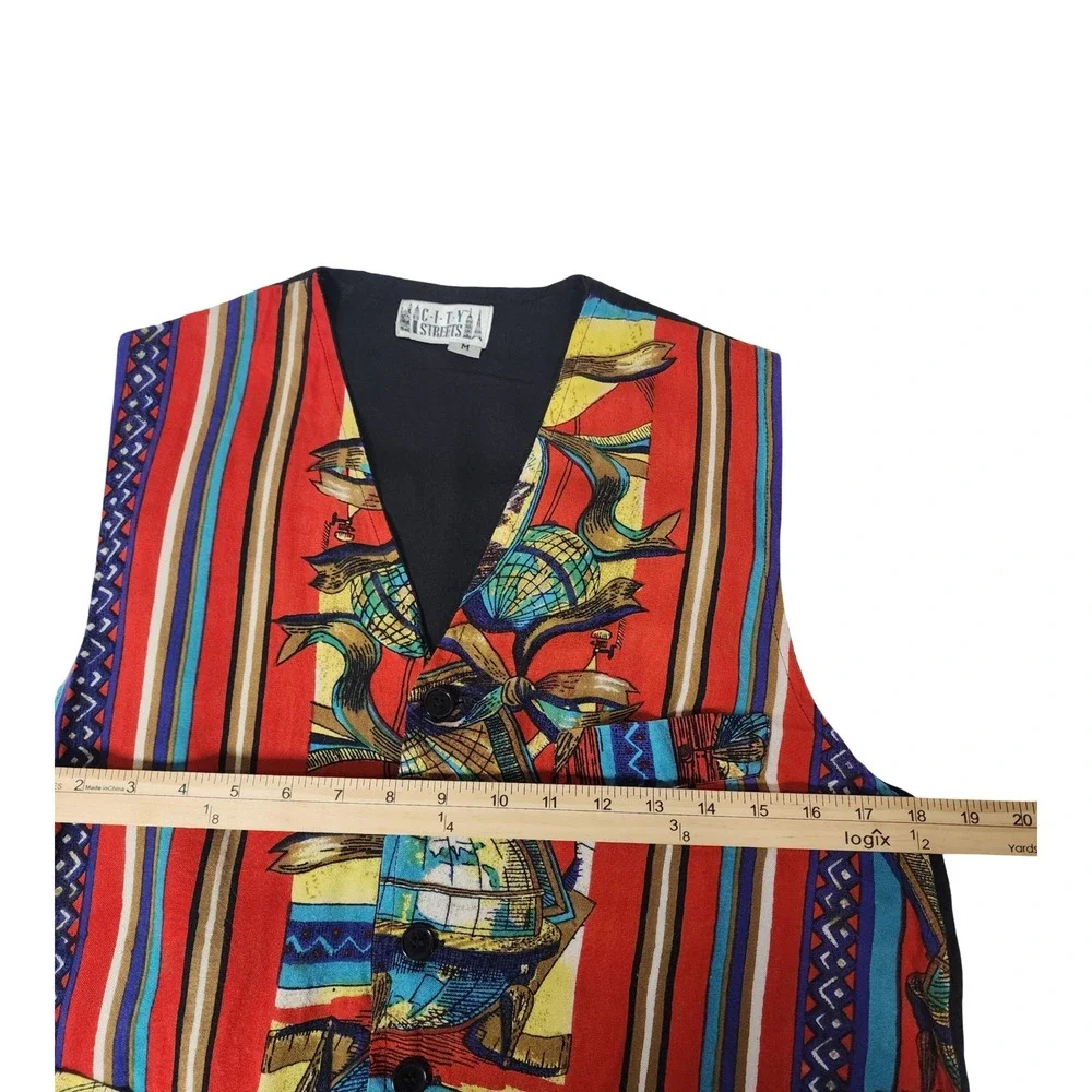 City Streets Vintage Globe Stripe Novelty Print Button Up‎ Vest Mens Medium Red